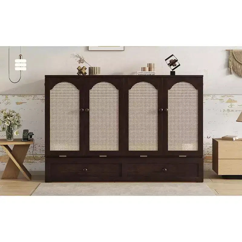 Struttura letto a scomparsa matrimoniale con porta USB e cassetto portaoggetti per camera da letto/camera degli ospiti, letto in legno di pino con decorazione in rattan