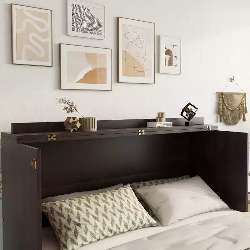 Queen Murphy Bed Frame with USB Port and Storage Drawer for Bedroom Guest Room, Rattan Decoration Pine Wood Bed