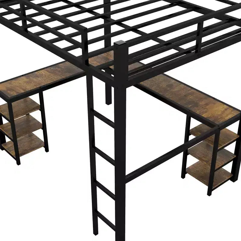 Letto a soppalco Bellemave interamente in metallo con scrivania a L e scaffali, struttura letto a soppalco salvaspazio con scaletta e sponde protettive complete per camera da letto, nero/legno vintage