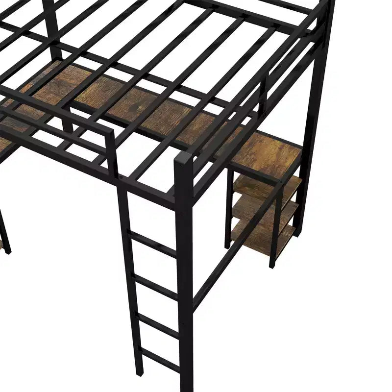 Letto a soppalco Bellemave interamente in metallo con scrivania a L e scaffali, struttura letto a soppalco salvaspazio con scaletta e sponde protettive complete per camera da letto, nero/legno vintage