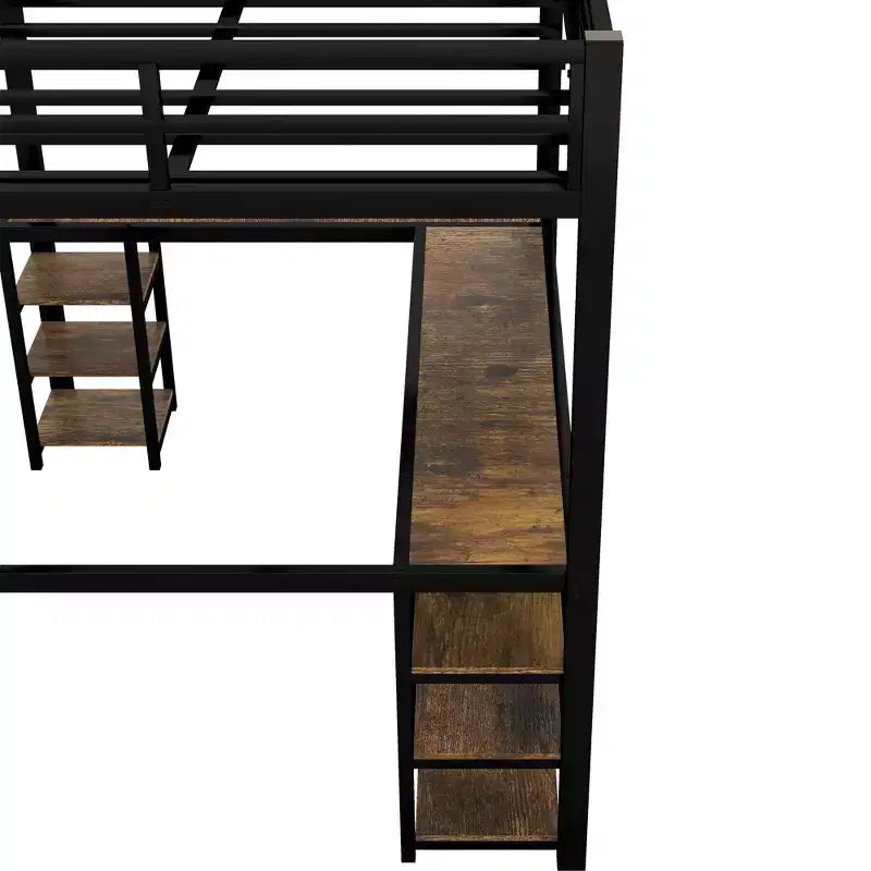 Letto a soppalco Bellemave interamente in metallo con scrivania a L e scaffali, struttura letto a soppalco salvaspazio con scaletta e sponde protettive complete per camera da letto, nero/legno vintage