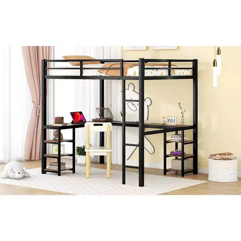 Letto a soppalco Bellemave interamente in metallo con scrivania a L e scaffali, struttura letto a soppalco salvaspazio con scaletta e sponde protettive complete per camera da letto, nero/legno vintage