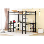 Letto a soppalco Bellemave interamente in metallo con scrivania a L e scaffali, struttura letto a soppalco salvaspazio con scaletta e sponde protettive complete per camera da letto, nero/legno vintage