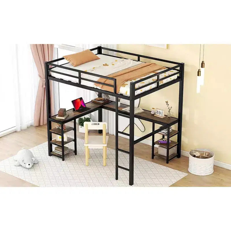 Letto a soppalco Bellemave interamente in metallo con scrivania a L e scaffali, struttura letto a soppalco salvaspazio con scaletta e sponde protettive complete per camera da letto, nero/legno vintage