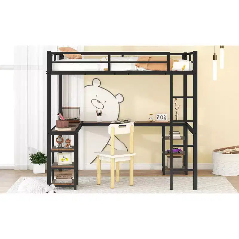 Letto a soppalco Bellemave interamente in metallo con scrivania a L e scaffali, struttura letto a soppalco salvaspazio con scaletta e sponde protettive complete per camera da letto, nero/legno vintage