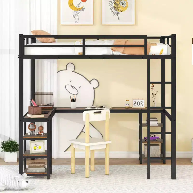 Letto a soppalco Bellemave interamente in metallo con scrivania a L e scaffali, struttura letto a soppalco salvaspazio con scaletta e sponde protettive complete per camera da letto, nero/legno vintage