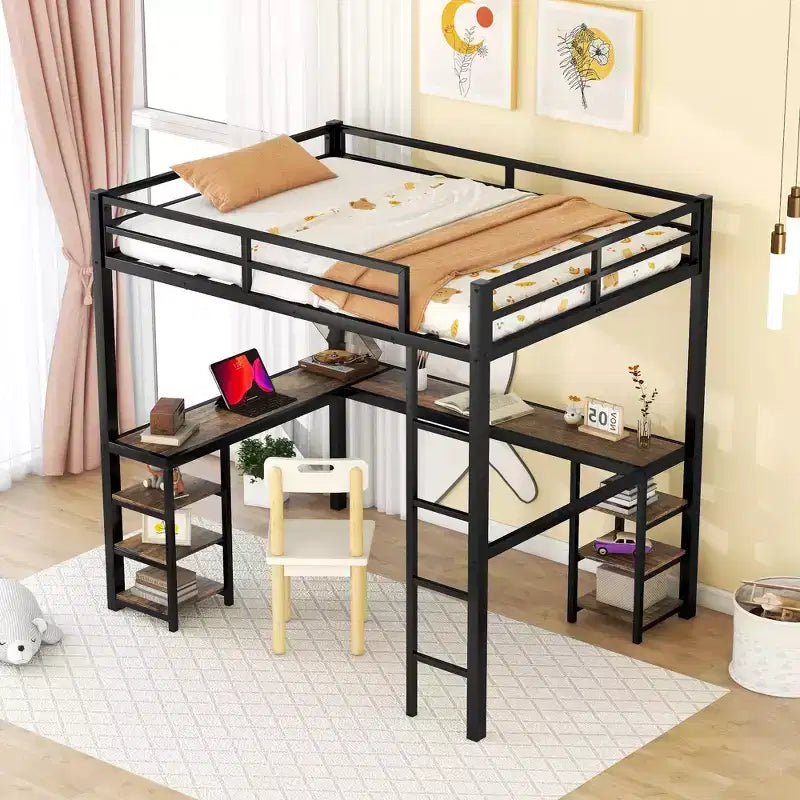 Letto a soppalco Bellemave interamente in metallo con scrivania a L e scaffali, struttura letto a soppalco salvaspazio con scaletta e sponde protettive complete per camera da letto, nero/legno vintage