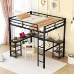 Letto a soppalco Bellemave interamente in metallo con scrivania a L e scaffali, struttura letto a soppalco salvaspazio con scaletta e sponde protettive complete per camera da letto, nero/legno vintage