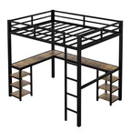Letto a soppalco Bellemave interamente in metallo con scrivania a L e scaffali, struttura letto a soppalco salvaspazio con scaletta e sponde protettive complete per camera da letto, nero/legno vintage