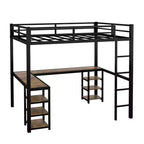 Letto a soppalco Bellemave interamente in metallo con scrivania a L e scaffali, struttura letto a soppalco salvaspazio con scaletta e sponde protettive complete per camera da letto, nero/legno vintage