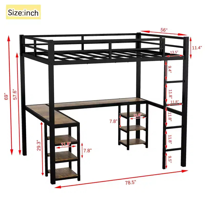 Letto a soppalco Bellemave interamente in metallo con scrivania a L e scaffali, struttura letto a soppalco salvaspazio con scaletta e sponde protettive complete per camera da letto, nero/legno vintage