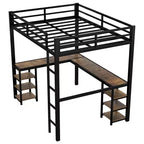 Letto a soppalco Bellemave interamente in metallo con scrivania a L e scaffali, struttura letto a soppalco salvaspazio con scaletta e sponde protettive complete per camera da letto, nero/legno vintage