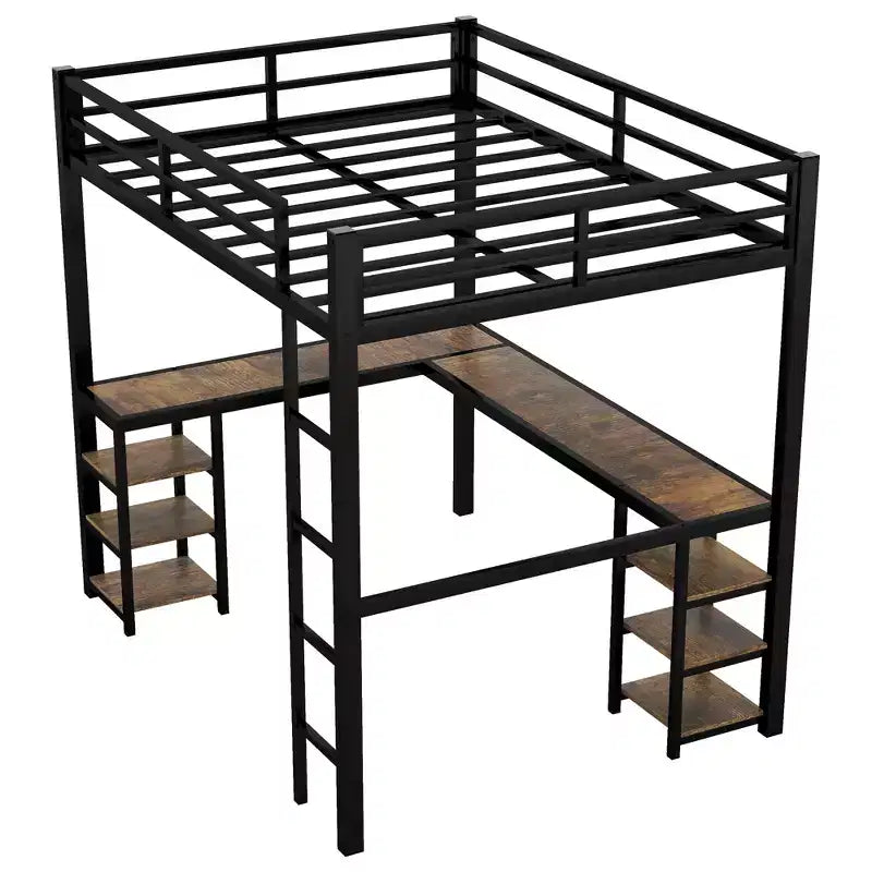 Letto a soppalco Bellemave interamente in metallo con scrivania a L e scaffali, struttura letto a soppalco salvaspazio con scaletta e sponde protettive complete per camera da letto, nero/legno vintage