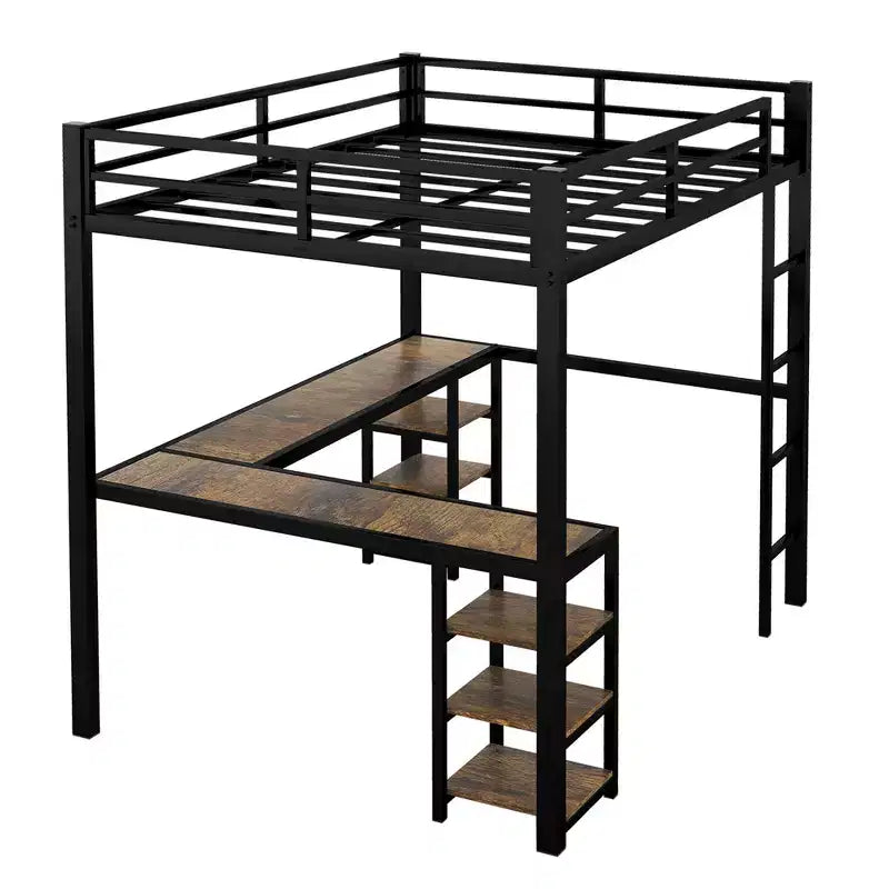 Letto a soppalco Bellemave interamente in metallo con scrivania a L e scaffali, struttura letto a soppalco salvaspazio con scaletta e sponde protettive complete per camera da letto, nero/legno vintage