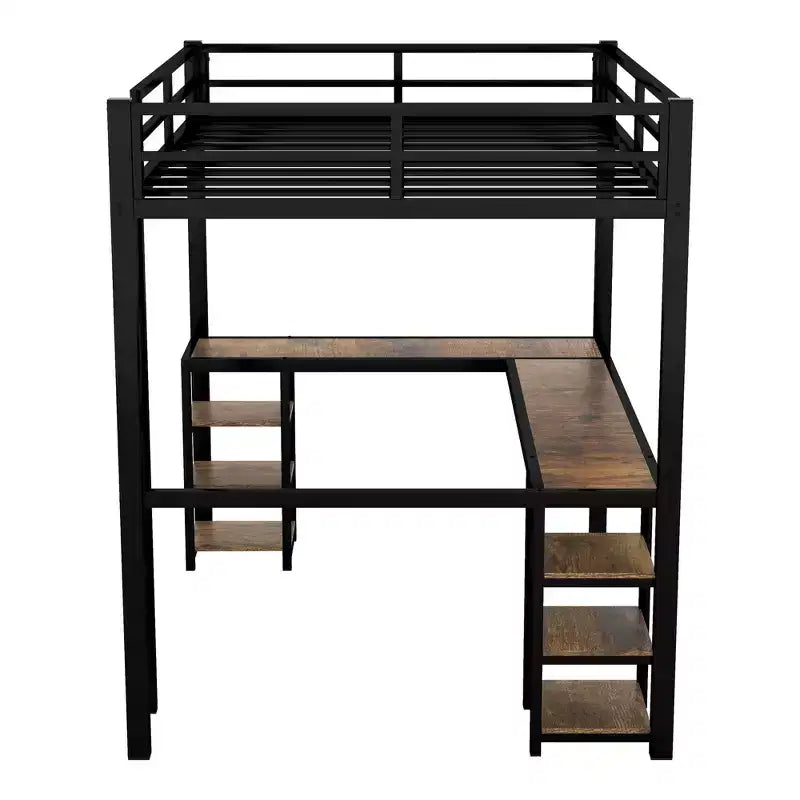 Letto a soppalco Bellemave interamente in metallo con scrivania a L e scaffali, struttura letto a soppalco salvaspazio con scaletta e sponde protettive complete per camera da letto, nero/legno vintage