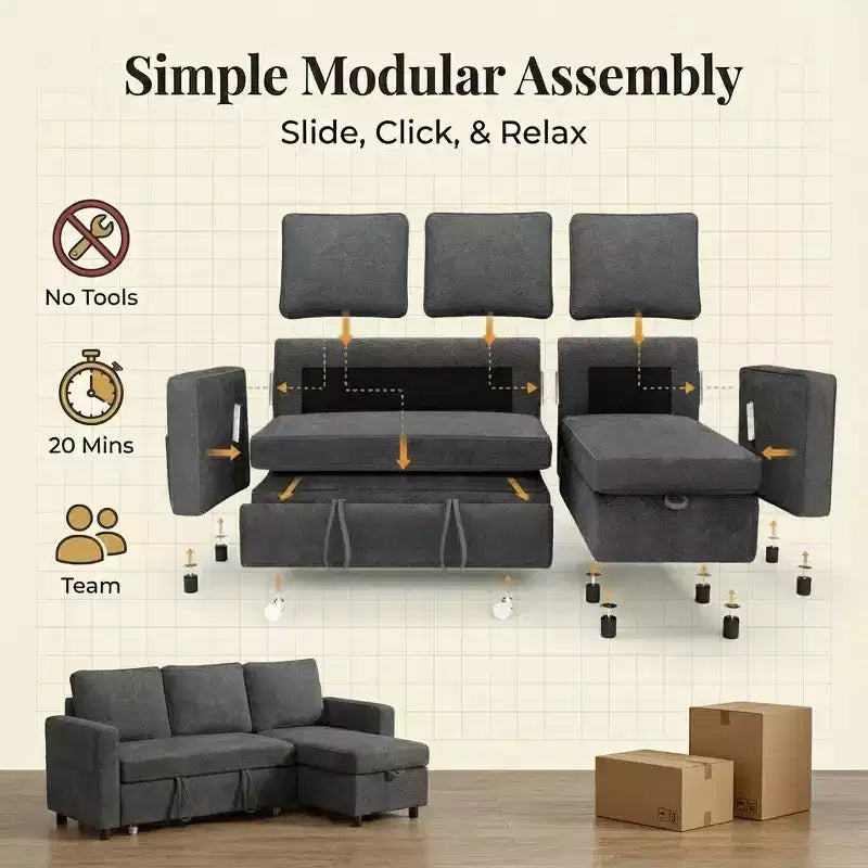 Divano letto estraibile Dyonery 81 con chaise longue contenitore, divano componibile a L convertibile con porte di ricarica USB