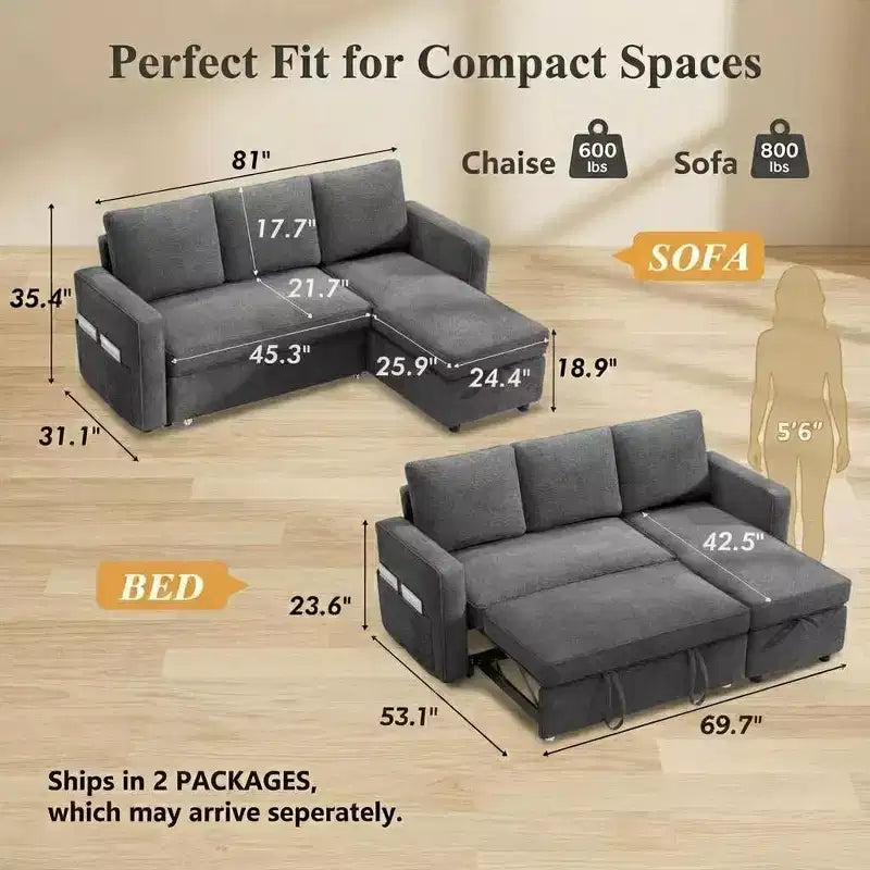 Divano letto estraibile Dyonery 81 con chaise longue contenitore, divano componibile a L convertibile con porte di ricarica USB