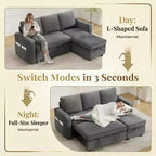 Divano letto estraibile Dyonery 81 con chaise longue contenitore, divano componibile a L convertibile con porte di ricarica USB