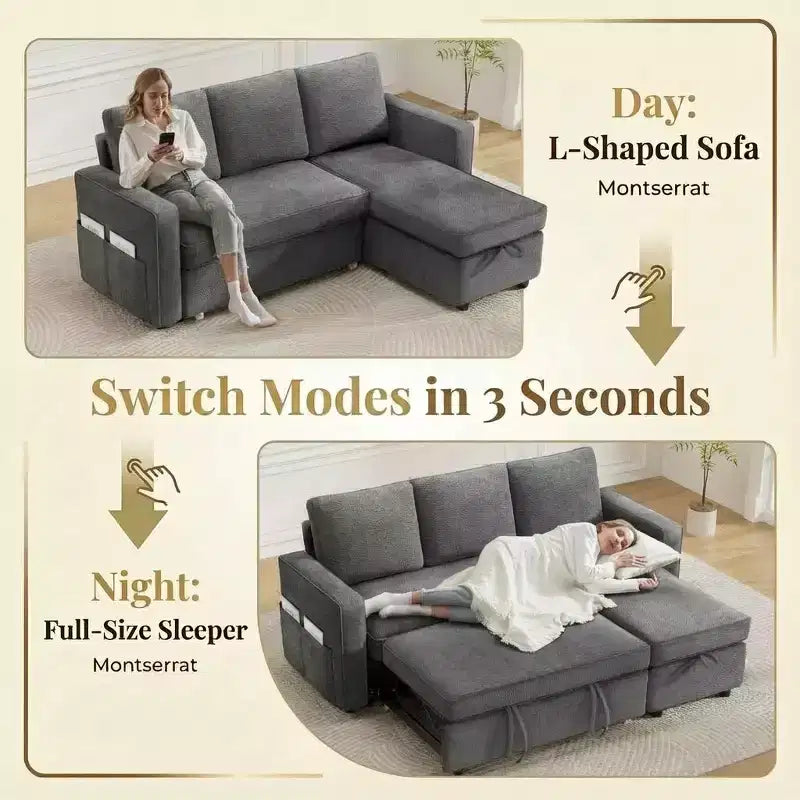Divano letto estraibile Dyonery 81 con chaise longue contenitore, divano componibile a L convertibile con porte di ricarica USB