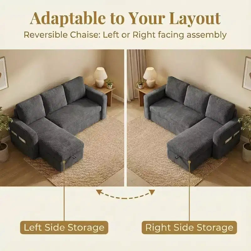 Divano letto estraibile Dyonery 81 con chaise longue contenitore, divano componibile a L convertibile con porte di ricarica USB