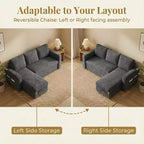 Divano letto estraibile Dyonery 81 con chaise longue contenitore, divano componibile a L convertibile con porte di ricarica USB
