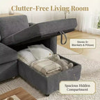 Divano letto estraibile Dyonery 81 con chaise longue contenitore, divano componibile a L convertibile con porte di ricarica USB