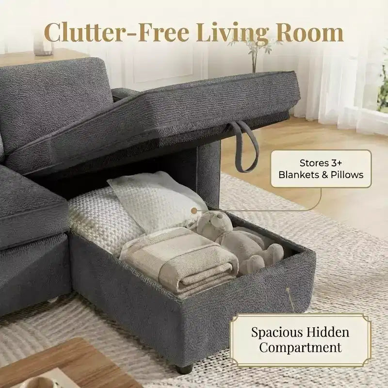 Divano letto estraibile Dyonery 81 con chaise longue contenitore, divano componibile a L convertibile con porte di ricarica USB