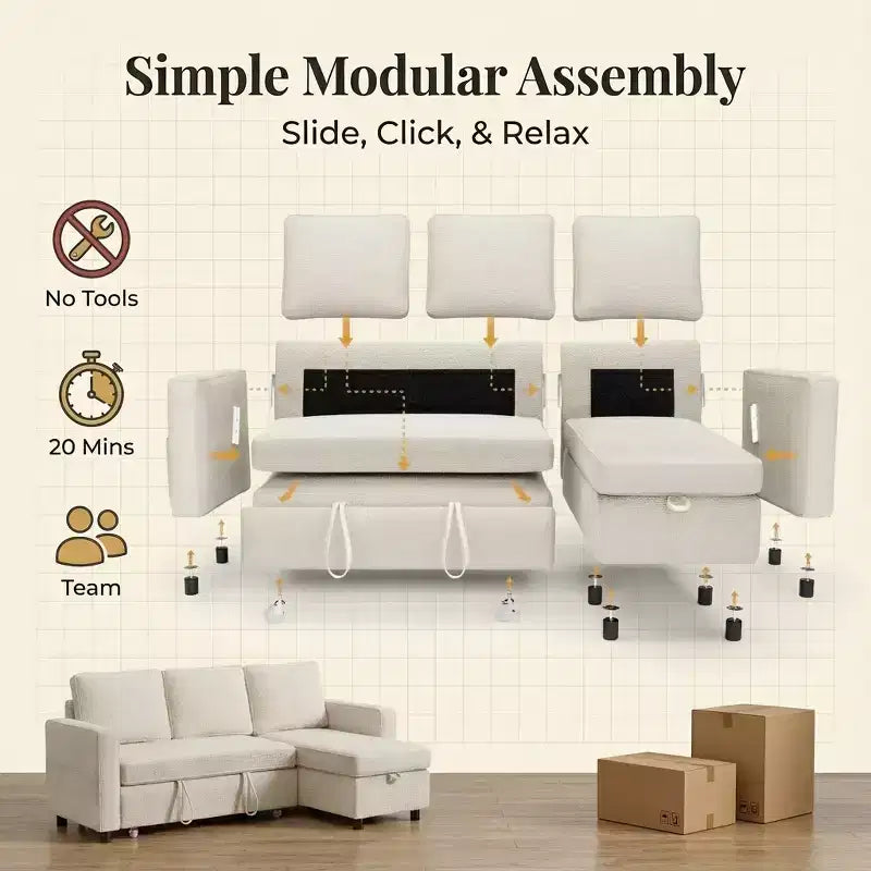 Divano letto estraibile Dyonery 81 con chaise longue contenitore, divano componibile a L convertibile con porte di ricarica USB