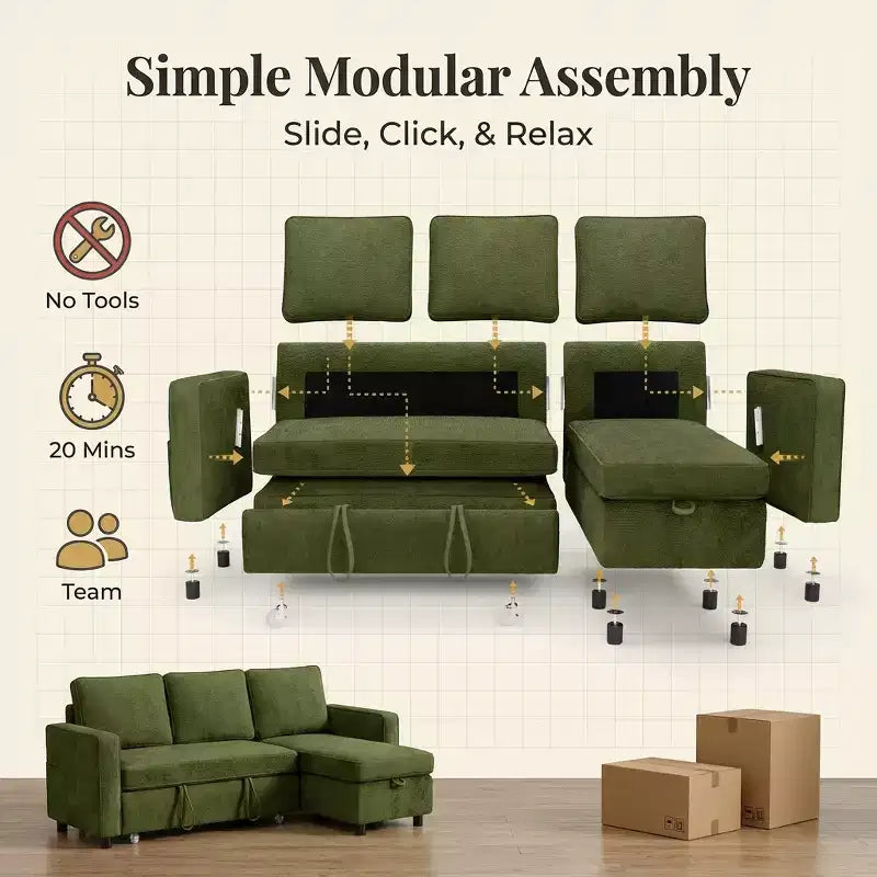Divano letto estraibile Dyonery 81 con chaise longue contenitore, divano componibile a L convertibile con porte di ricarica USB