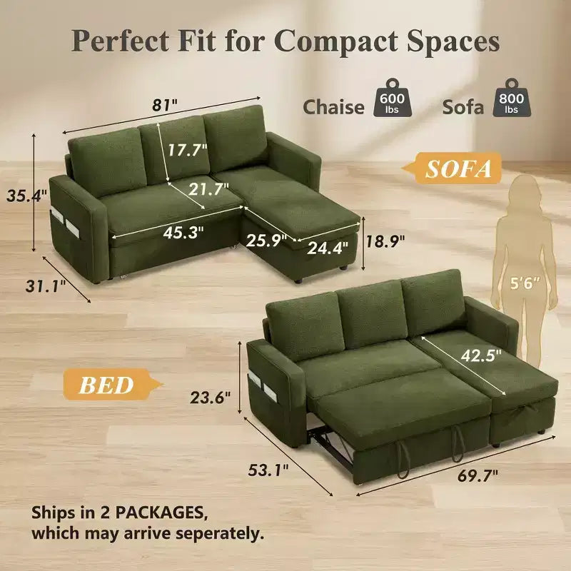 Divano letto estraibile Dyonery 81 con chaise longue contenitore, divano componibile a L convertibile con porte di ricarica USB