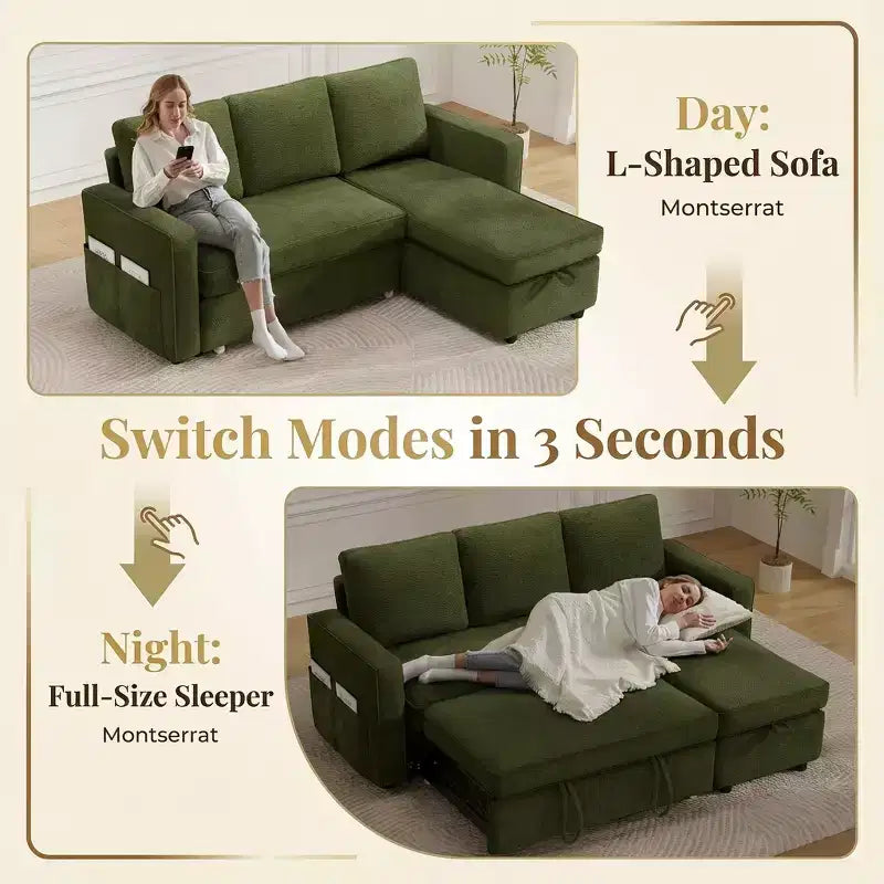 Divano letto estraibile Dyonery 81 con chaise longue contenitore, divano componibile a L convertibile con porte di ricarica USB