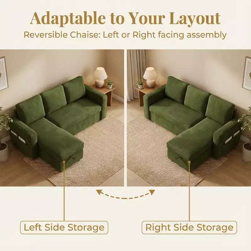 Divano letto estraibile Dyonery 81 con chaise longue contenitore, divano componibile a L convertibile con porte di ricarica USB