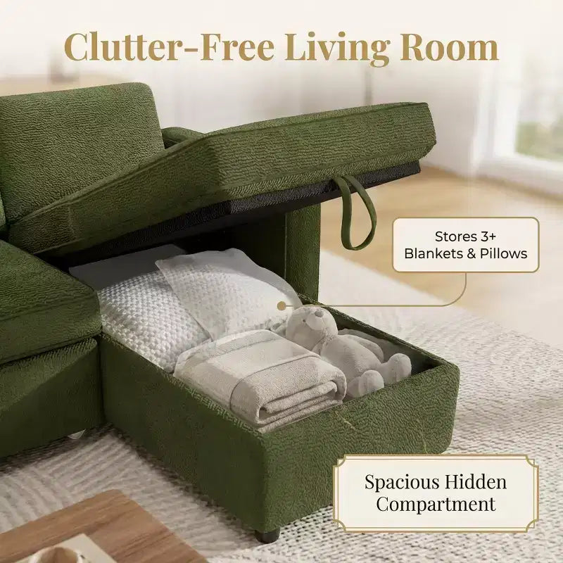 Divano letto estraibile Dyonery 81 con chaise longue contenitore, divano componibile a L convertibile con porte di ricarica USB