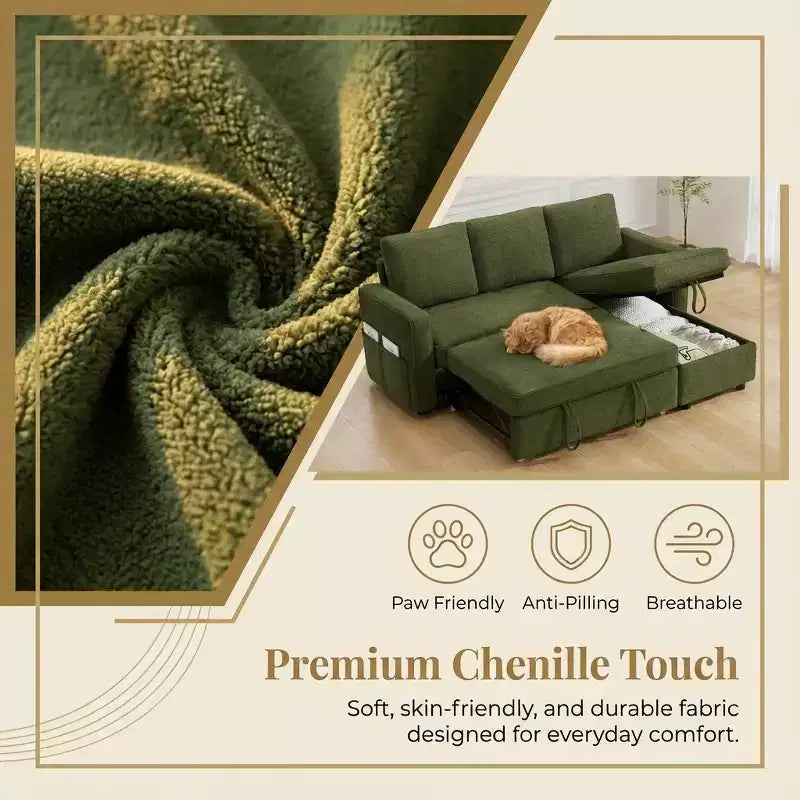 Divano letto estraibile Dyonery 81 con chaise longue contenitore, divano componibile a L convertibile con porte di ricarica USB
