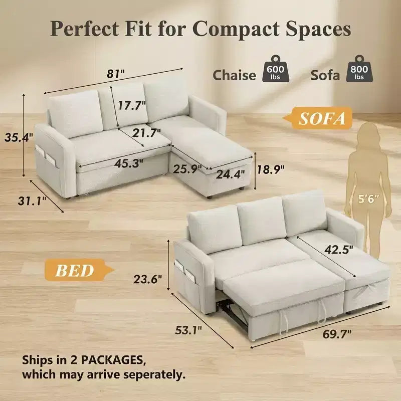Divano letto estraibile Dyonery 81 con chaise longue contenitore, divano componibile a L convertibile con porte di ricarica USB