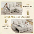 Divano letto estraibile Dyonery 81 con chaise longue contenitore, divano componibile a L convertibile con porte di ricarica USB