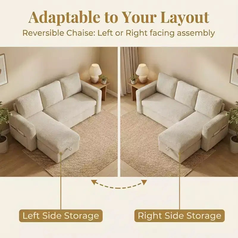 Divano letto estraibile Dyonery 81 con chaise longue contenitore, divano componibile a L convertibile con porte di ricarica USB