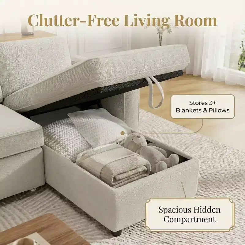 Divano letto estraibile Dyonery 81 con chaise longue contenitore, divano componibile a L convertibile con porte di ricarica USB