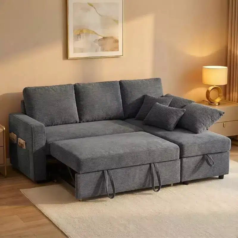 Divano letto estraibile Dyonery 81 con chaise longue contenitore, divano componibile a L convertibile con porte di ricarica USB
