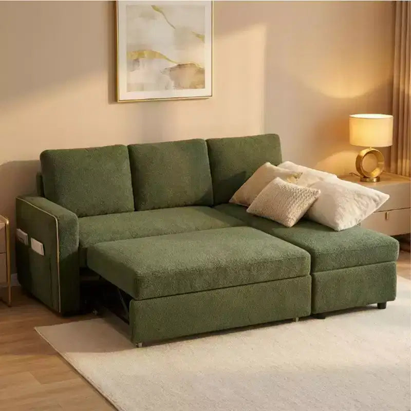 Divano letto estraibile Dyonery 81 con chaise longue contenitore, divano componibile a L convertibile con porte di ricarica USB