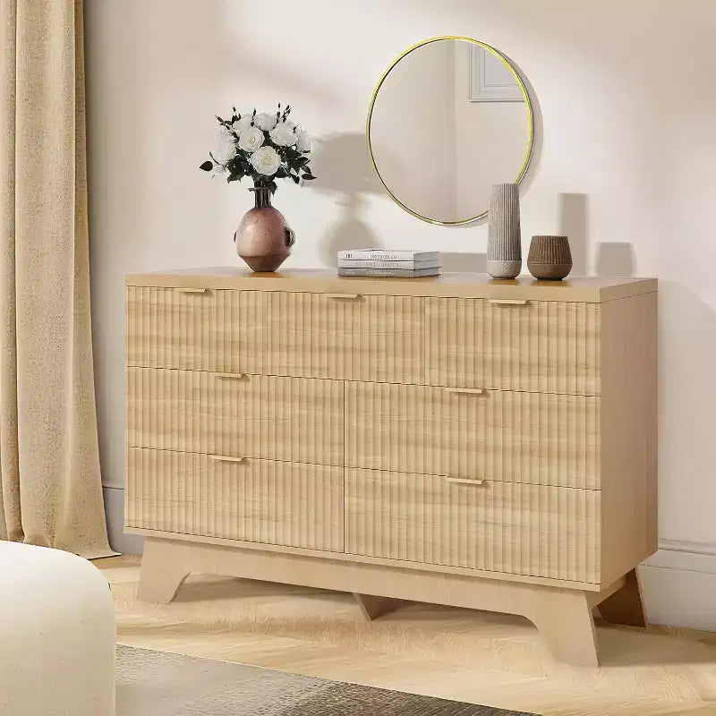 Cassettiera Acekool a 8 cassetti con scanalature, mobile contenitore curvo in rovere naturale per camera da letto, soggiorno, ingresso