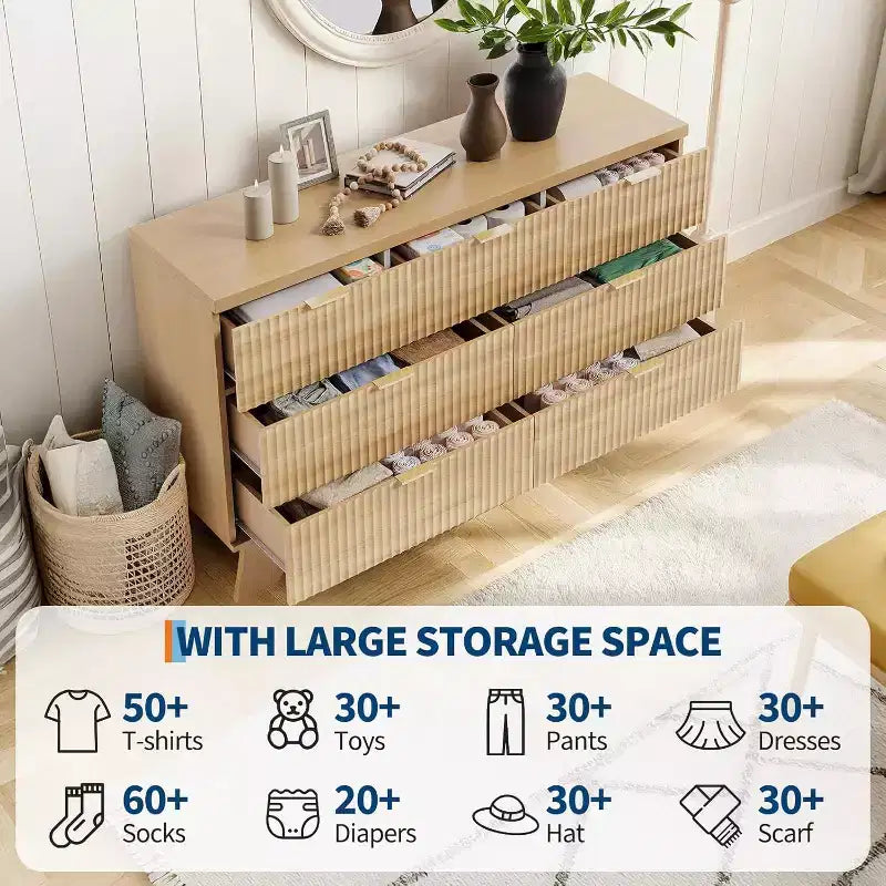 Cassettiera Acekool a 8 cassetti con scanalature, mobile contenitore curvo in rovere naturale per camera da letto, soggiorno, ingresso