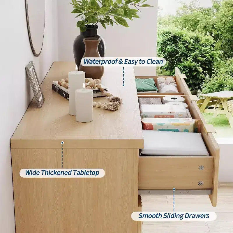 Cassettiera Acekool a 8 cassetti con scanalature, mobile contenitore curvo in rovere naturale per camera da letto, soggiorno, ingresso