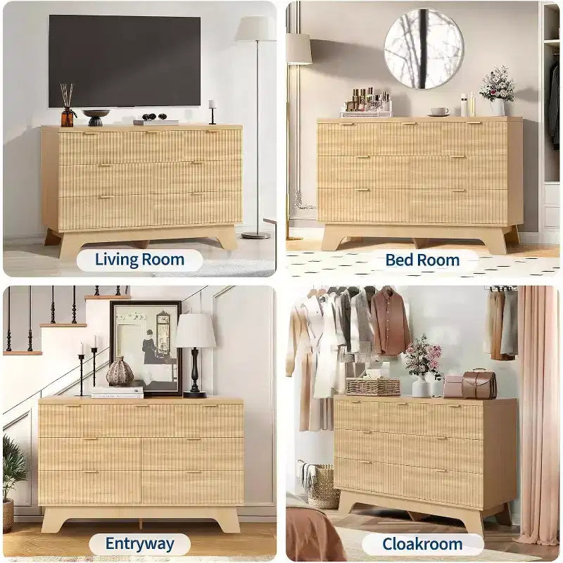 Cassettiera Acekool a 8 cassetti con scanalature, mobile contenitore curvo in rovere naturale per camera da letto, soggiorno, ingresso