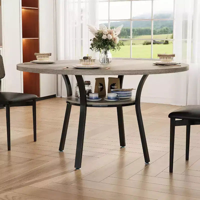 Acekool Tavolo da Pranzo Rotondo da 47 Pollici per 4-6 Persone, Tavolo Circolare con Ripiano Portaoggetti, Gambe in Metallo, per Cucina Soggiorno Sala da Pranzo