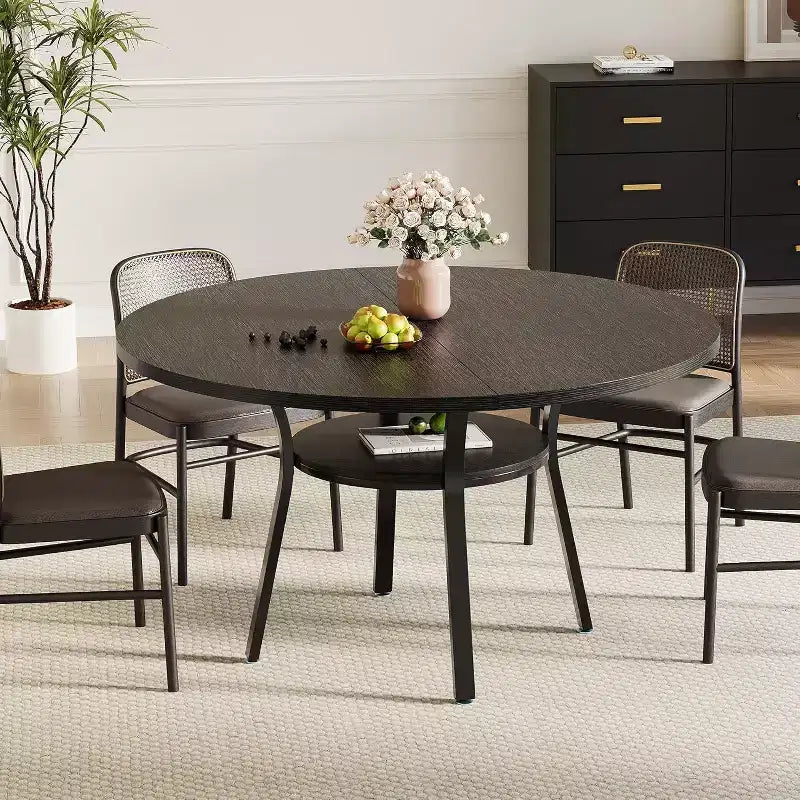 Acekool 47 Inch Round Dining Table for 4-6, Circle Table with Storage Shelf, Metal Legs, for Kitchen Living Room Dining
