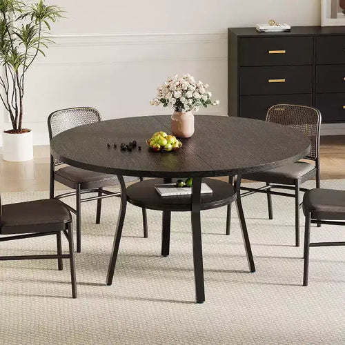 Acekool 47 Inch Round Dining Table for 4-6, Circle Table with Storage Shelf, Metal Legs, for Kitchen Living Room Dining