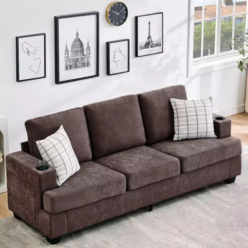 Divano a 3 posti Moderno 89 pollici per Soggiorno, Comodo Divano con Seduta Profonda, Divano in ciniglia con Portabicchieri e Tasche Laterali per Appartamento o Lounge
