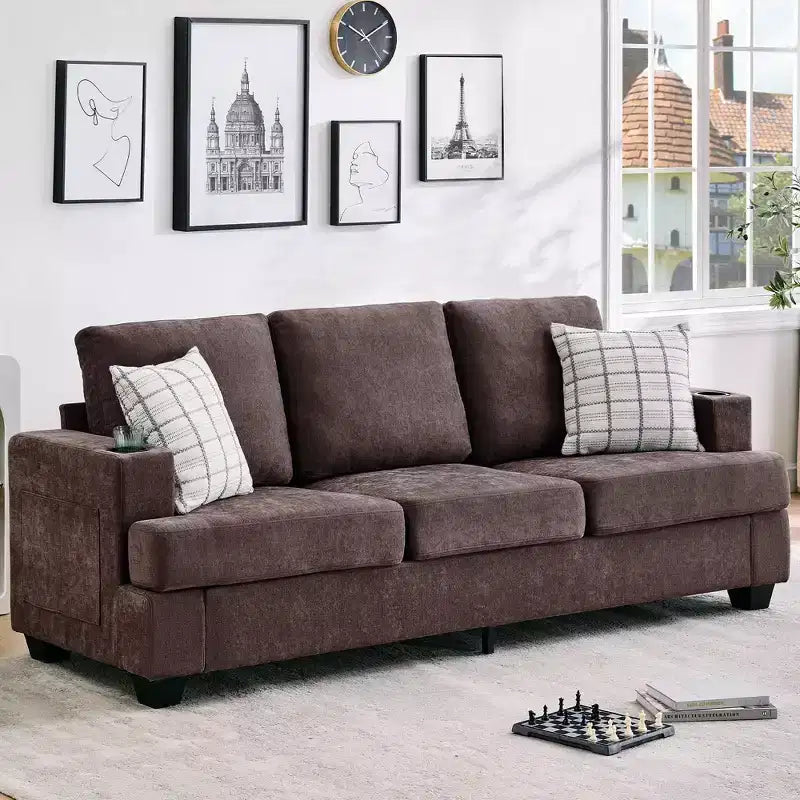 Divano a 3 posti Moderno 89 pollici per Soggiorno, Comodo Divano con Seduta Profonda, Divano in ciniglia con Portabicchieri e Tasche Laterali per Appartamento o Lounge