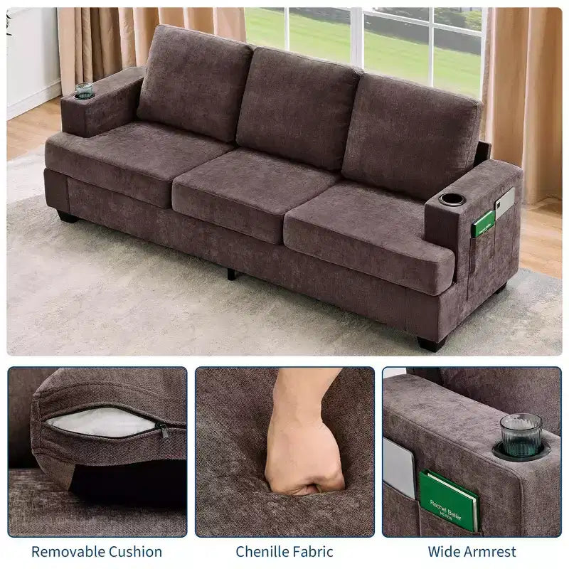Divano a 3 posti Moderno 89 pollici per Soggiorno, Comodo Divano con Seduta Profonda, Divano in ciniglia con Portabicchieri e Tasche Laterali per Appartamento o Lounge
